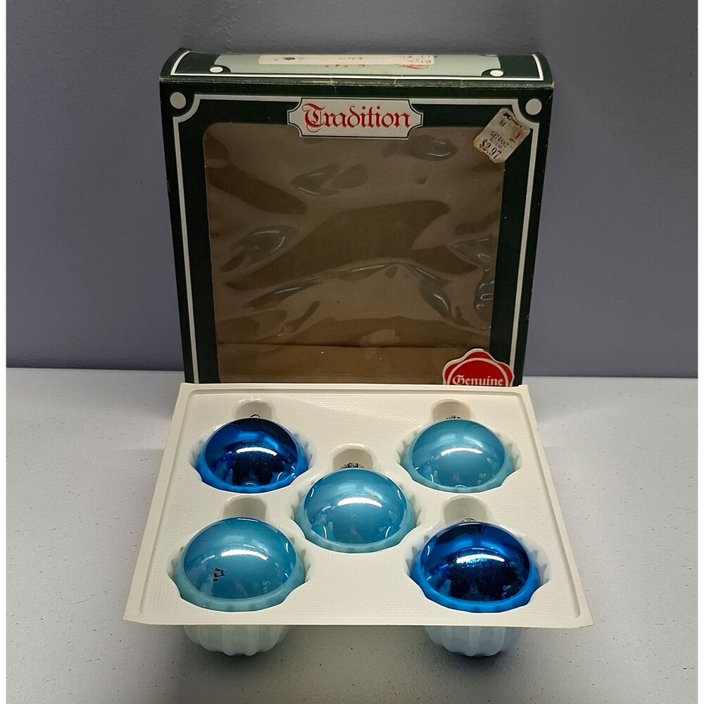 Vintage KUGELGRUSS Mercury Glass Ball Ornaments Set 5 Blue West Germany Boxed